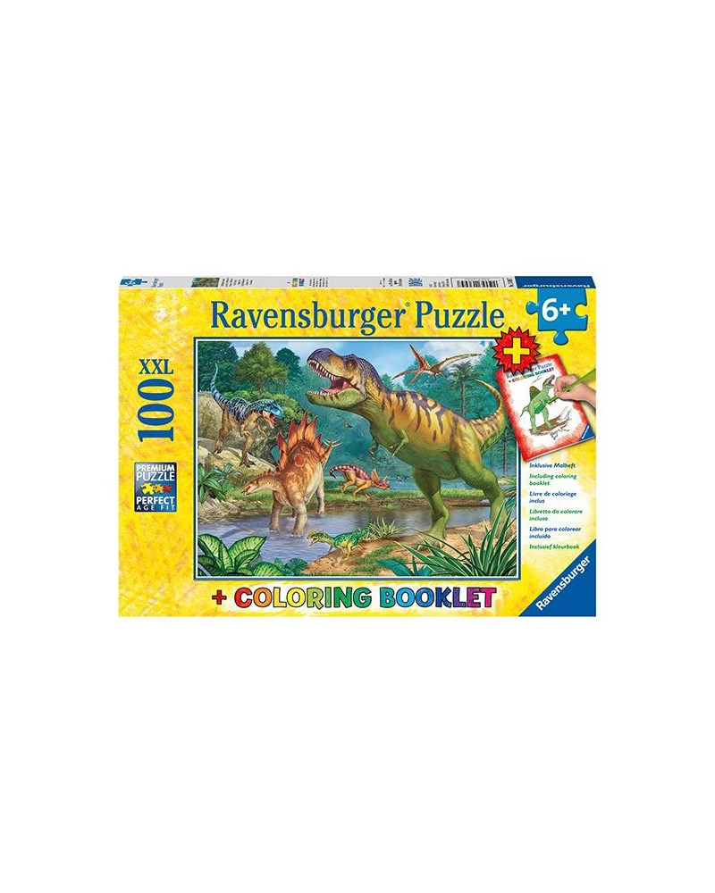 Puzzle 100 piezas XXL - El mundo de los dinosaurios + Libro para colorear - Ravensburger